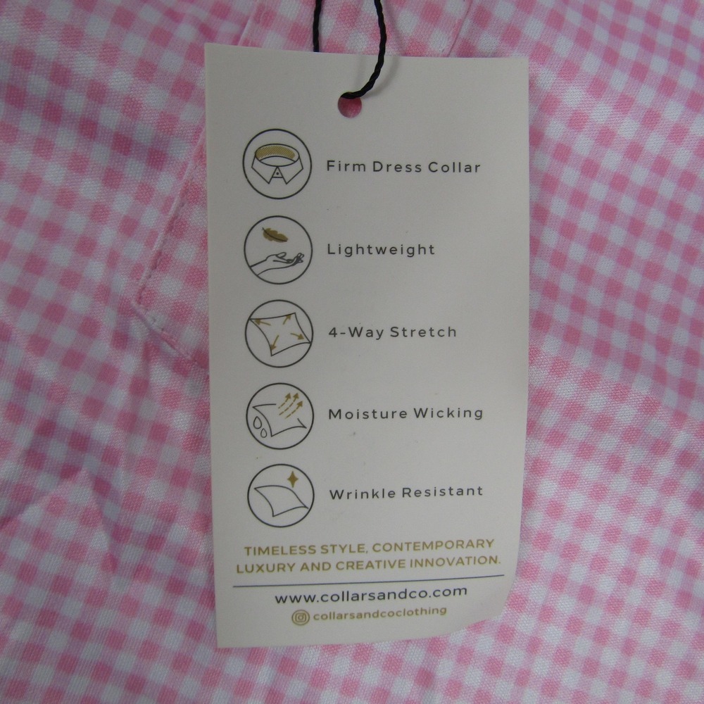Collars & Co Polo Shirt Mens XL Pink Gingham Dress Collar Stretch Short Sleeve - Picture 3 of 7